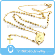 Mode religiösen Schmuck für 2016 Gold Kreuz Anhänger Jungfrau Maria Christian 4mm Rosenkranz Halskette Edelstahl Rosenkranz Halskette